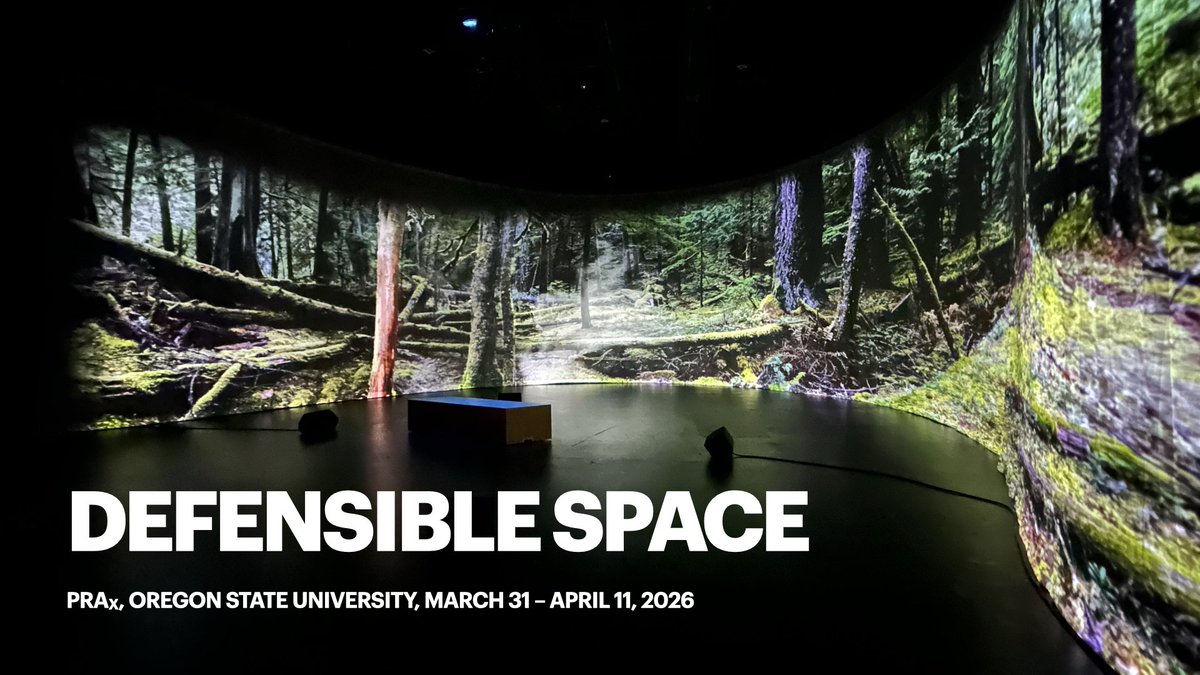 jpbellona's tweet photo. Immersive multimedia installation, Defensible Space, John Park and I created opens today at PRAx @OregonState . 90' and 270° of projection surface,  24-channels of audio (around, above and on floor). The work plays back fire sounds at the speed of actual wildfires. 3.31–4.11.26 https://t.co/kJPsIMubkK