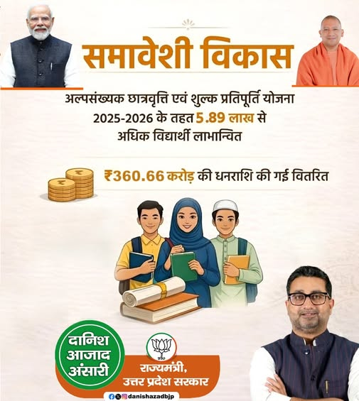danishazadbjp's tweet image. माननीय मुख्यमंत्री श्री @myogiadityanath जी के नेतृत्व में अल्पसंख्यक छात्रवृत्ति एवं शुल्क प्रतिपूर्ति योजना 2025-26 के तहत 5.89 लाख से अधिक विद्यार्थियों को लाभान्वित कर शिक्षा को सशक्त  किया गया है।
#BJP4ViksitBharat #DoubleEngineSarkar #CMYogi #SabkaSaathSabkaVikas