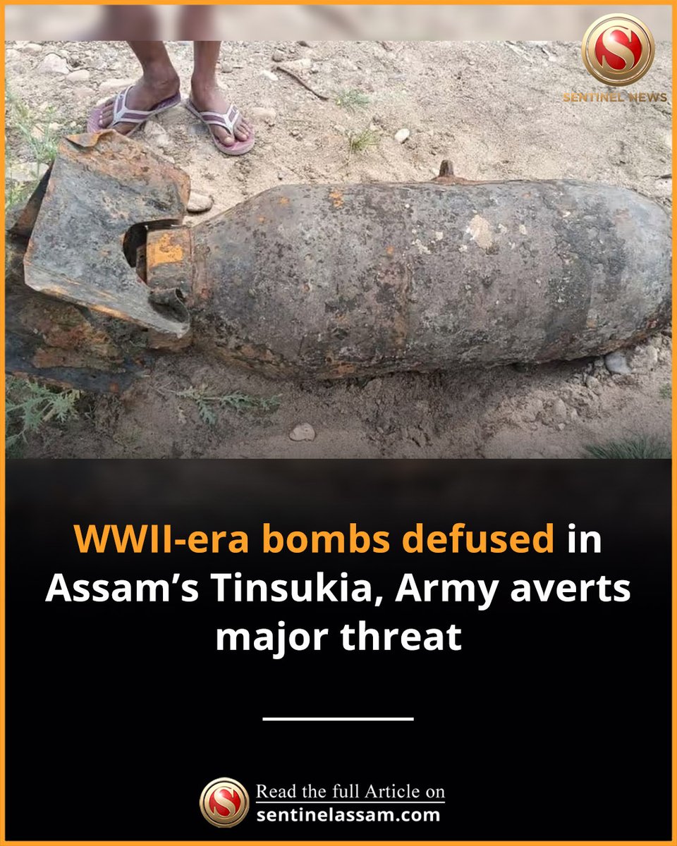 Sentinel_Assam's tweet photo. Two World War II-era bombs were safely defused in Assam’s Tinsukia district on March 31, officials said.

#TheSentinel #Bomb #Defused https://t.co/UruULaTxW5