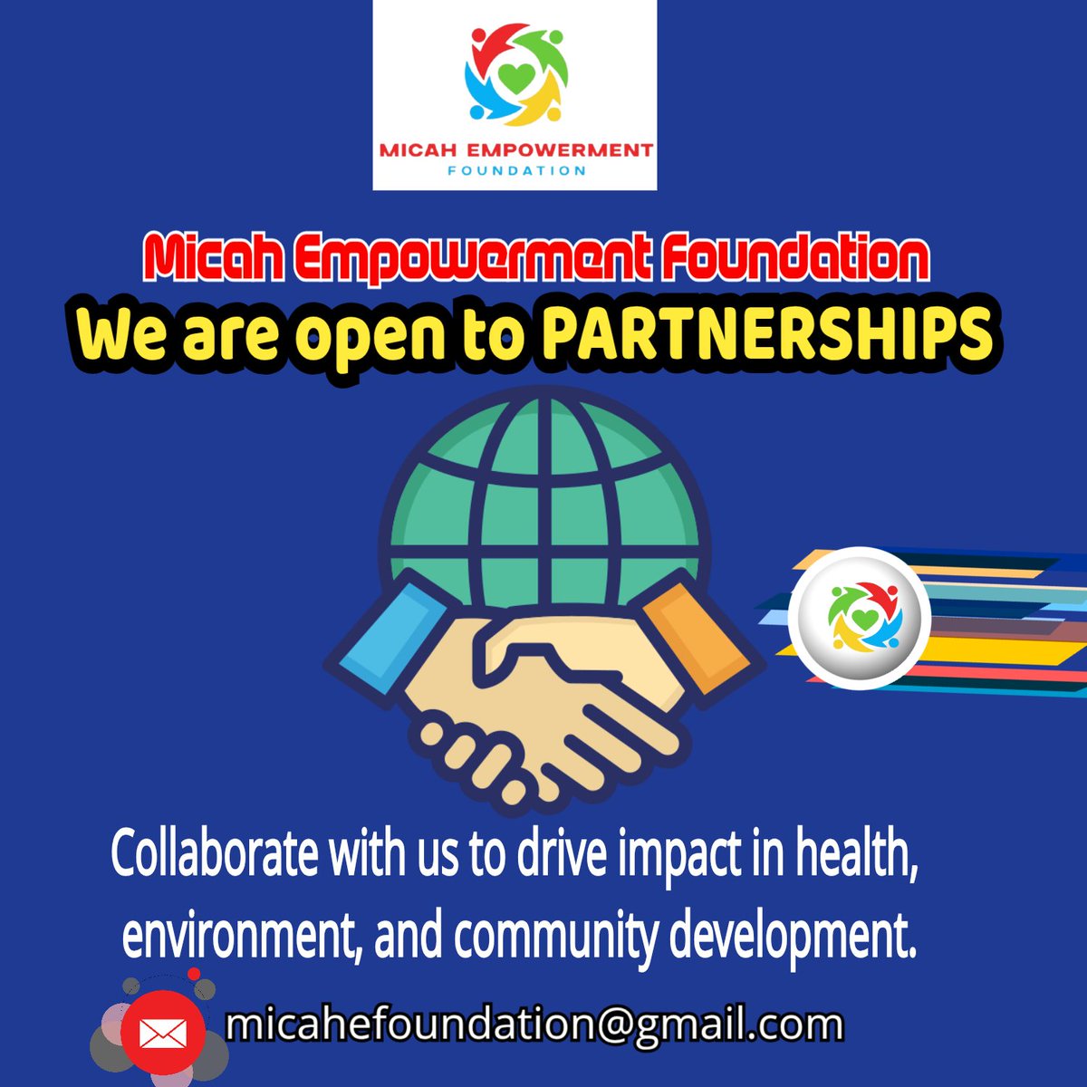 MicahEmpower's tweet photo. We are open to partnerships.
Collaborate with us to drive impact in health, environment, and community development.
Send a message NOW - micahefoundation@gmail.com https://t.co/yICpJ8L6p5