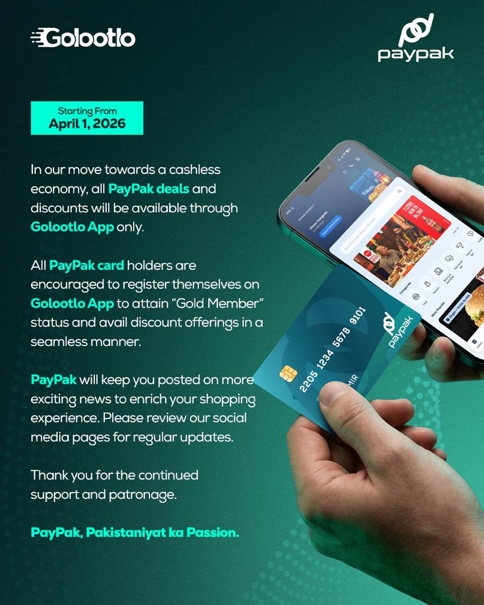 amfbl's tweet photo. Starting April 1, 2026, all PayPak deals and discounts will be exclusively available through the Golootlo App. 📱
Register now and become a Gold Member to enjoy seamless savings and exciting offers.
Stay connected with PayPak for more updates and elevate your shopping experience. https://t.co/pR757Z93Ie