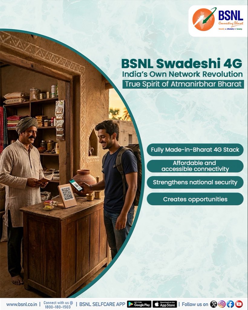 BSNLCorporate's tweet image. BSNL Swadeshi 4G – jahan technology bhi apni, aur bharosa bhi apna.

- Indigenous innovation
- Secure connectivity
- Opportunities for Indian minds

Atmanirbhar Bharat in action 

#BSNLSwadeshi4G  #IndiasOwnNetwork #StayConnected #BSNLNetwork #BSNLIndi @CMDBSNL @robertravi21