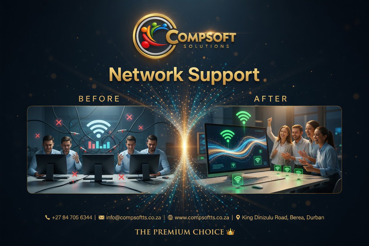 compsoftts's tweet image. 📡🔌 No signal. No productivity. We keep your business always connected! 📞 +27 84 705 6344 | 🌐 compsoftts.co.za The Premium Choice. 👑 #CompsoftSolutions #NetworkSupport #WiFi #Durban #AlwaysConnected #ITServices