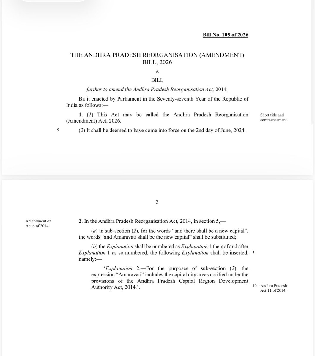 AmaravatiNexus's tweet image. 🚨 Lok Sabha passed the bill to legally recognise Amaravati as the sole and permanent capital of Andhra Pradesh.

• Amendment to AP Reorganisation Act
• Effective from June 2, 2024
• Bill passed by voice vote
• Supported by major parties
#HistoricAmaravatiResolution #Capital