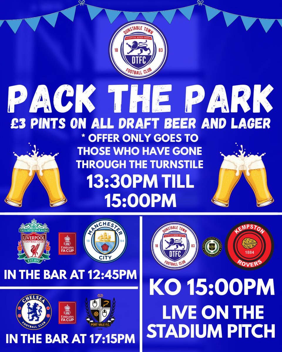 DunstableFC's tweet photo. NEXT UP | This Saturday we take on Kempston Rovers at Creasey Park, get down to the park at get behind the blues. It is pay what you like so kick off your weekend with some non league football

🍻 - it is £3 pints on all draft beer and lager from 13:30 till 15:00.

#towntogether #youareenough
