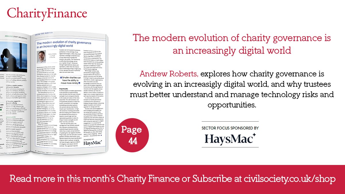 CivilSocietyUK's tweet photo. Dive into the modern evolution of charity governance in the digital age. Discover insights from HaysMac's Andrew Roberts in this month's Charity Finance. 

Get your copy today and head to page 44!

https://t.co/VkBSeLGnaM https://t.co/wulkkzFc65