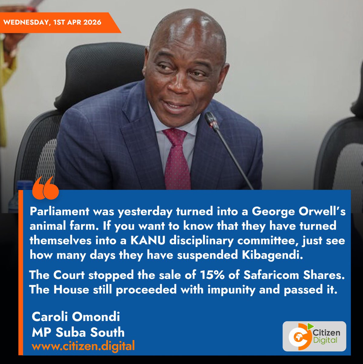 Parliament was yesterday turned into a George Orwell's animal farm. If you want to know that they have turned themselves into a KANU disciplinary committee, just see how many days they have suspended Kibagendi. The Court stopped the sale of 15% of Safaricom Shares. The House