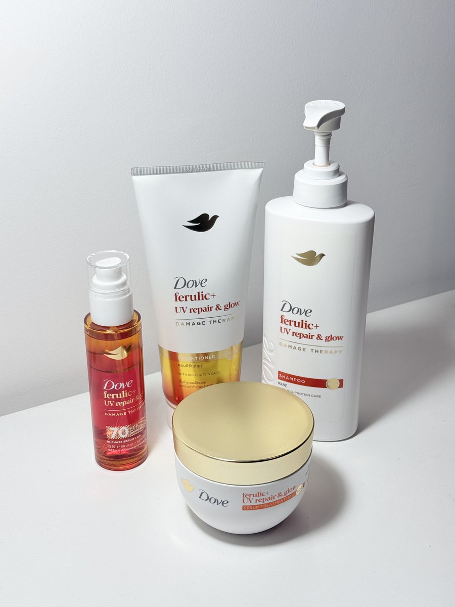 rinmomome's tweet photo. เอาหล่ะ เรามาถึงจุดที่แชมพูช่วยกู้ผมเสียจากแสง UV ได้แล้ว ! Dove UV Ferulic เซตฟื้นฟูผมเสียจากการหนีบ ไดร์ ดัด และรังสี UV จากแดด ร้อนๆแบบนี้ผมกรอบ+แห้งง่ายมาก ไอเทมทั้ง4ตัวนี้จะช่วยให้ผมกลับมานุ่มโกลว์สวย ที่ชอบสุดเลยคือเซรั่มออยล์สเปรย์ช่วยปกป้องเส้นผมจากจากแดด พร้อมสู้แดดประเทศไทยสุดๆ ☀️ #DOVETHAILAND #โดฟกู้ผมเสียขั้นสุด