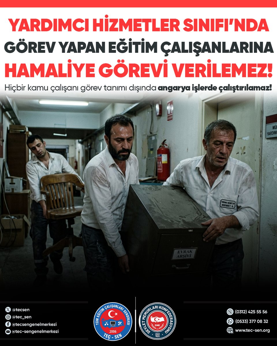 tecsen's tweet photo. Yardımcı Hizmetler Sınıfı’nda Görev Yapan Eğitim Çalışanlarına Hamaliye Görevi Verilemez.

657 Sayılı Devlet Memurları Kanunu’nun 36. maddesinde Yardımcı Hizmetler Sınıfı “kurumlarda her türlü yazı ve dosya dağıtmak ve toplamak, müracaat sahiplerini karşılamak ve yol göstermek, hizmet yerlerini temizlemek, aydınlatmak ve ısıtmak, basit bakım ve onarım işlerinde çalışmak gibi ana hizmetlere yardımcı nitelikteki görevleri yapanlardan oluşan hizmet sınıfı” olarak tanımlanmıştır.

Yukarıdaki açık düzenlemeden de anlaşılacağı üzere, Yardımcı Hizmetler Sınıfı kapsamında görev yapan personelin görevleri yardımcı hizmet niteliğindeki işlerle sınırlı olup; temizlik, evrak dağıtımı ve benzeri destek hizmetlerini kapsamaktadır.

Ağır eşya taşıma, nakliye veya hamaliye niteliği taşıyan işlerin bu görev tanımı kapsamında değerlendirilmesi mümkün değildir. Bu tür görevlendirmeler hem ilgili mevzuata hem de kamu görevlilerinin kadro ve görev tanımlarına ilişkin temel ilkelere açıkça aykırılık teşkil etmektedir.

Bu kapsamda; Genel Merkez Yönetim Kurulumuz tarafından; 657 sayılı Kanuna aykırı şekilde verilen hamaliye ve nakliye işleri kapsamındaki görevlendirmelere karşı sendikal eylem kararı alınmış, üyelerimizin görev tanımları dışında kalan bu tür görevlendirmeleri yerine getirmemeleri, bu tür hukuka aykırı görevlendirmelerle karşılaşılması halinde durumun yazılı olarak idareye bildirilmesi ve sendikamızın aldığı eylem kararı doğrultusunda hareket edilmesi hususları kararlaştırılmıştır. 

Hiçbir kamu çalışanı görev tanımı dışında angarya işlerde çalıştırılamaz.

Hukuka aykırı her uygulamanın karşısında, üyelerimizin yanında olmaya devam edeceğiz

Haklarımızı biliyoruz, geri adım atmıyoruz! Birlikte güçlüyüz, birlikte başaracağız!

TEÇ-SEN GENEL MERKEZİ