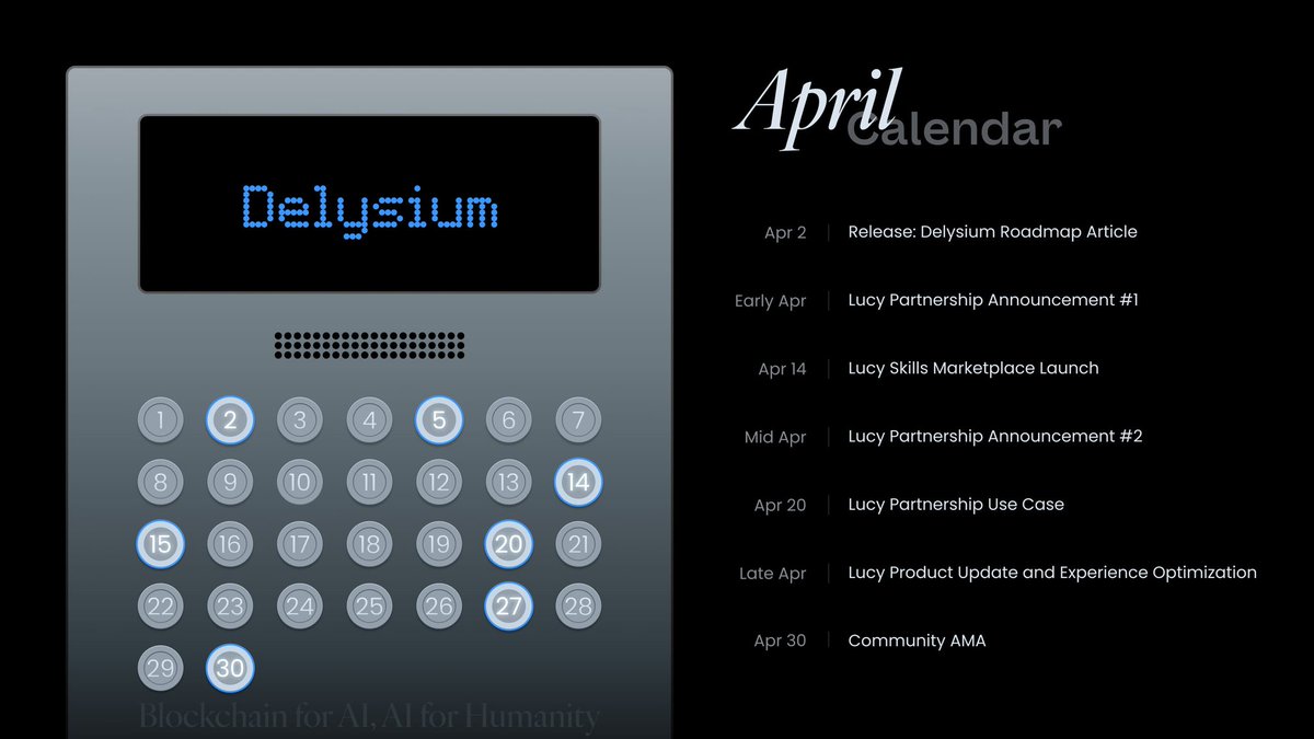 The_Delysium's tweet photo. Delysium’s April Event Calendar

What’s scheduled:

🔹April 2: Release: Delysium Roadmap Article

🔹Early April: Lucy Partnership Announcement #1

🔹April 14: Lucy Skills Marketplace Launch

🔹Mid April: Lucy Partnership Announcement #2

🔹April 20: Lucy Partnership Use Case

🔹Late April: Lucy Product Update and Experience Optimization

🔹April 30: Community AMA