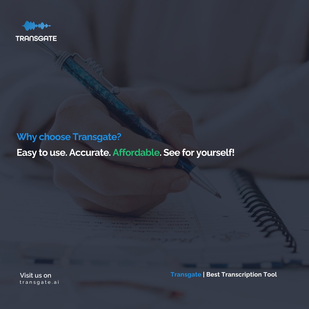 TransgateAI's tweet photo. Why choose Transgate?
Easy. Accurate. Affordable.
See for yourself.

Please visit: https://t.co/F1SwNJzXQn

#Transgate #SpeechToText #AItools #transcription #notetaker #audioToText #videoToText #convertVideoToText https://t.co/muJEOWtMkI