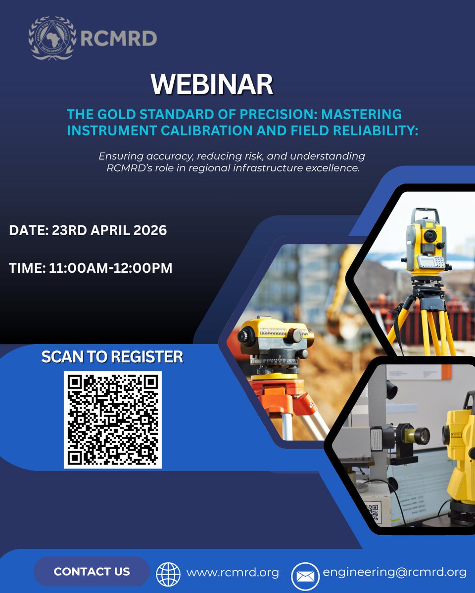 RCMRD_'s tweet photo. 📢Webinar Alert: 
The gold standard of precision: Mastering instrument calibration and field reliability

Precision is the foundation of every successful project. Join @RCMRD_ for a webinar exploring the critical role of calibration and field checks in ensuring regional infrastructure excellence.

📅 Date: 23rd April 2026 
⏰ Time: 11:00 AM – 12:00 PM (EAT) 
 Register here:https://t.co/XZgPvf0aId
#Calibration #Surveying #InfrastructureDevelopment #PrecisionMeasurement