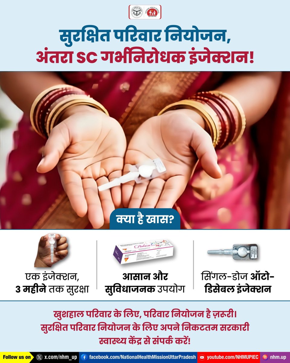सही जानकारी, जागरूक निर्णय के साथ!
अब परिवार नियोजन में सुविधा और सुरक्षा- दोनों को अपनाना हुआ और आसान।
अंतरा SC इंजेक्शन एक सरल, सुरक्षित और भरोसेमंद गर्भनिरोधक विकल्प है, जो 3 महीने तक प्रभावी सुरक्षा प्रदान करता है।

Family Planning | Antara SC | Contraceptive Injection