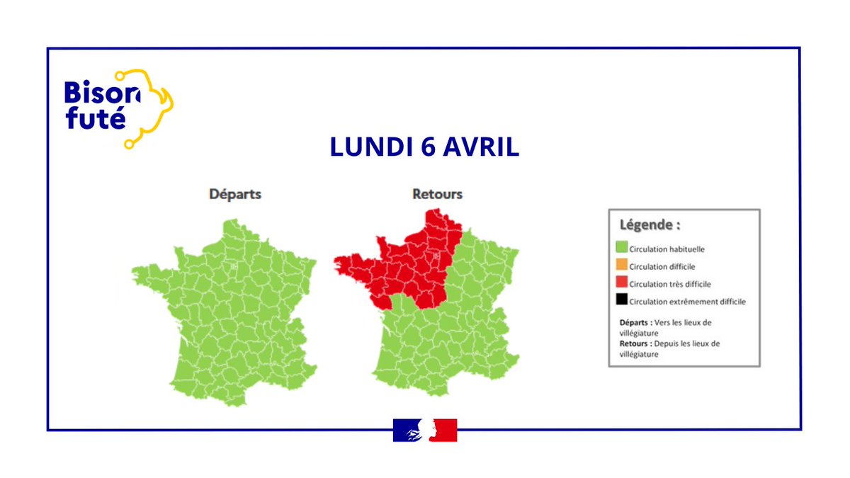 BisonFute_MT's tweet image. ℹ️#InfoTrafic #vacances #Printemps
Ce #weekend de #Pâques, difficultés prévues du vendredi 03 au lundi 06/04 dans les 2 sens
La circulation sera notamment :
🟧Difficile vendredi au niveau national 
🟥Très difficile localement vendredi et lundi 
Détails➡️t.ly/92Fmw🛣️