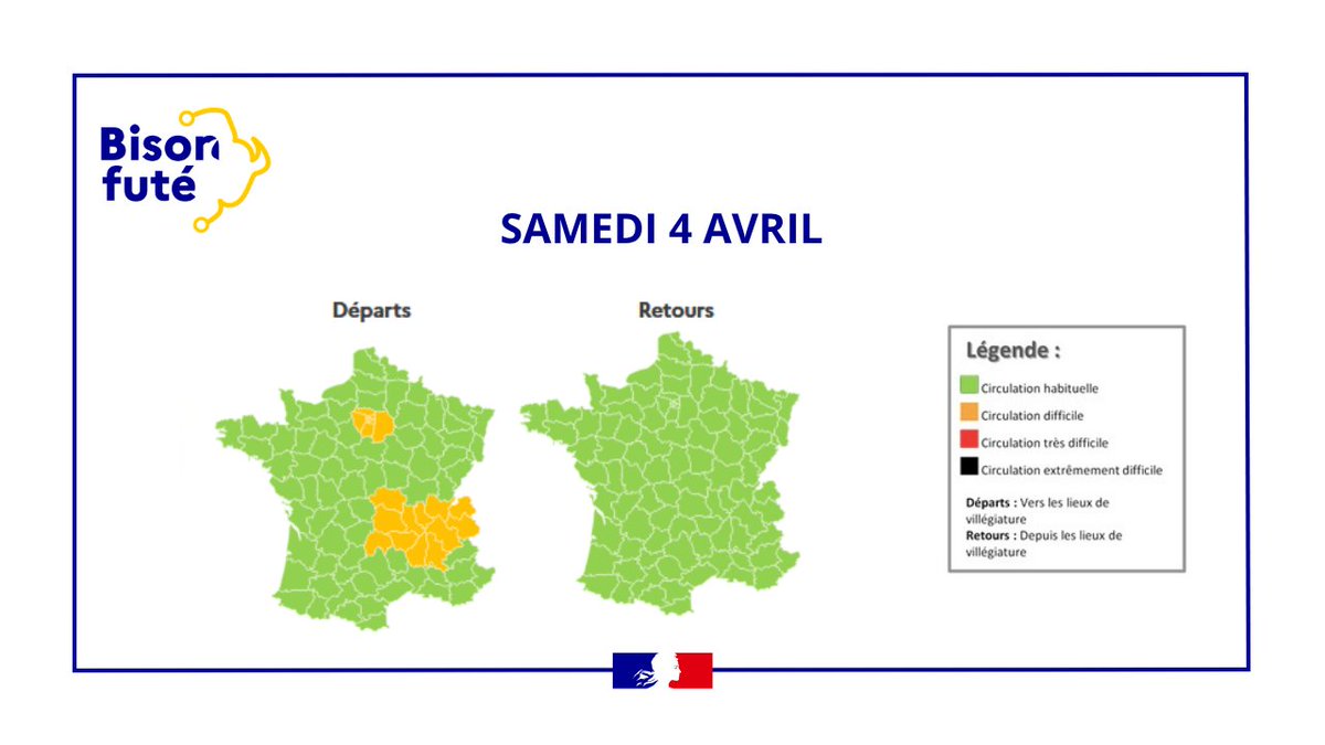 BisonFute_MT's tweet image. ℹ️#InfoTrafic #vacances #Printemps
Ce #weekend de #Pâques, difficultés prévues du vendredi 03 au lundi 06/04 dans les 2 sens
La circulation sera notamment :
🟧Difficile vendredi au niveau national 
🟥Très difficile localement vendredi et lundi 
Détails➡️t.ly/92Fmw🛣️