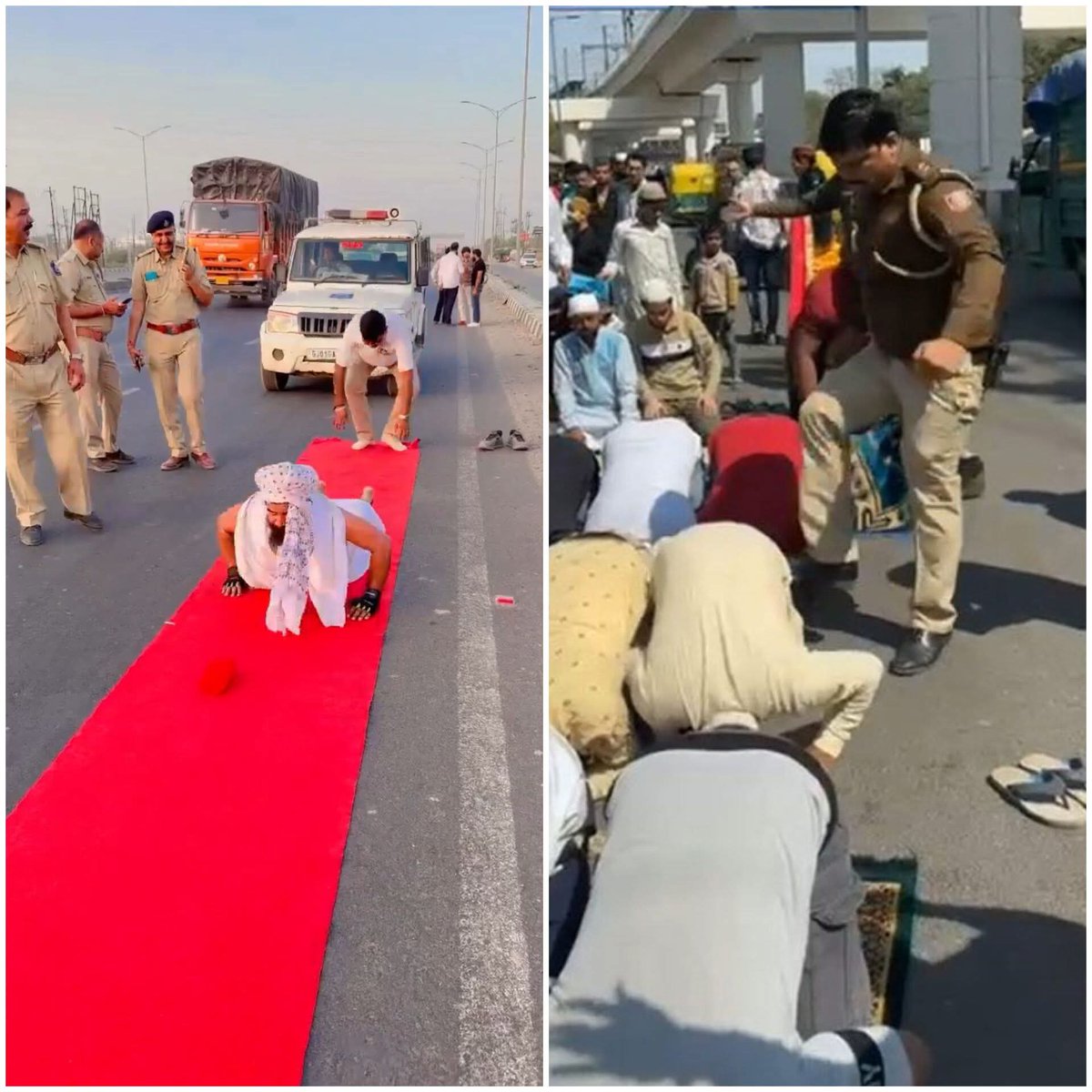 दोनो तस्वीरें हमारे ही देश की है,
जहां नमाज़ पढ़ने पर मुसलमानो को लात मारी जाती है
वही दूसरे धर्म के लोगो को पुलिस सुरक्षा देती है ,,,