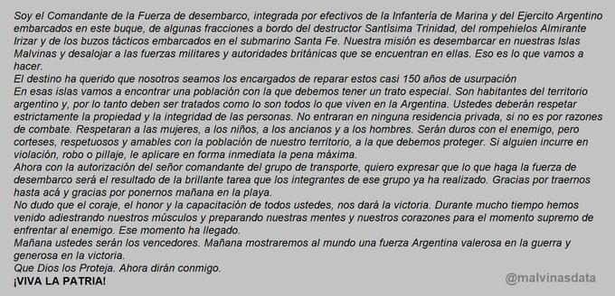 Efemérides #Malvinas 
01 de abril de 1982.
1830.
BDT ARA Cabo San Antonio.
Arenga realizada antes del inicio de la Operación Rosario por el  jefe de la Infantería de Marina de la Armada Argentina y comandante de la fuerza de desembarco, el CL Carlos Busser.

#Malvinas44 🇦🇷
