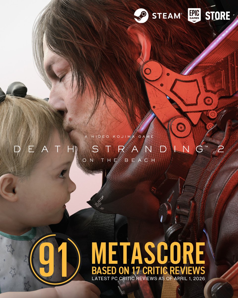 KojiPro2015_EN's tweet image. DEATH STRANDING 2: ON THE BEACH – PC Version

Metascore Achieved: 91 👏
(As of April 1, 2026 / 17 reviews)

Also rated "Overwhelmingly Positive" on Steam 👍
(As of April 1, 2026 / 95% positive from 7,440 reviews)

🛒
Steam: store.steampowered.com/app/3280350/DE…
Epic Games Store: