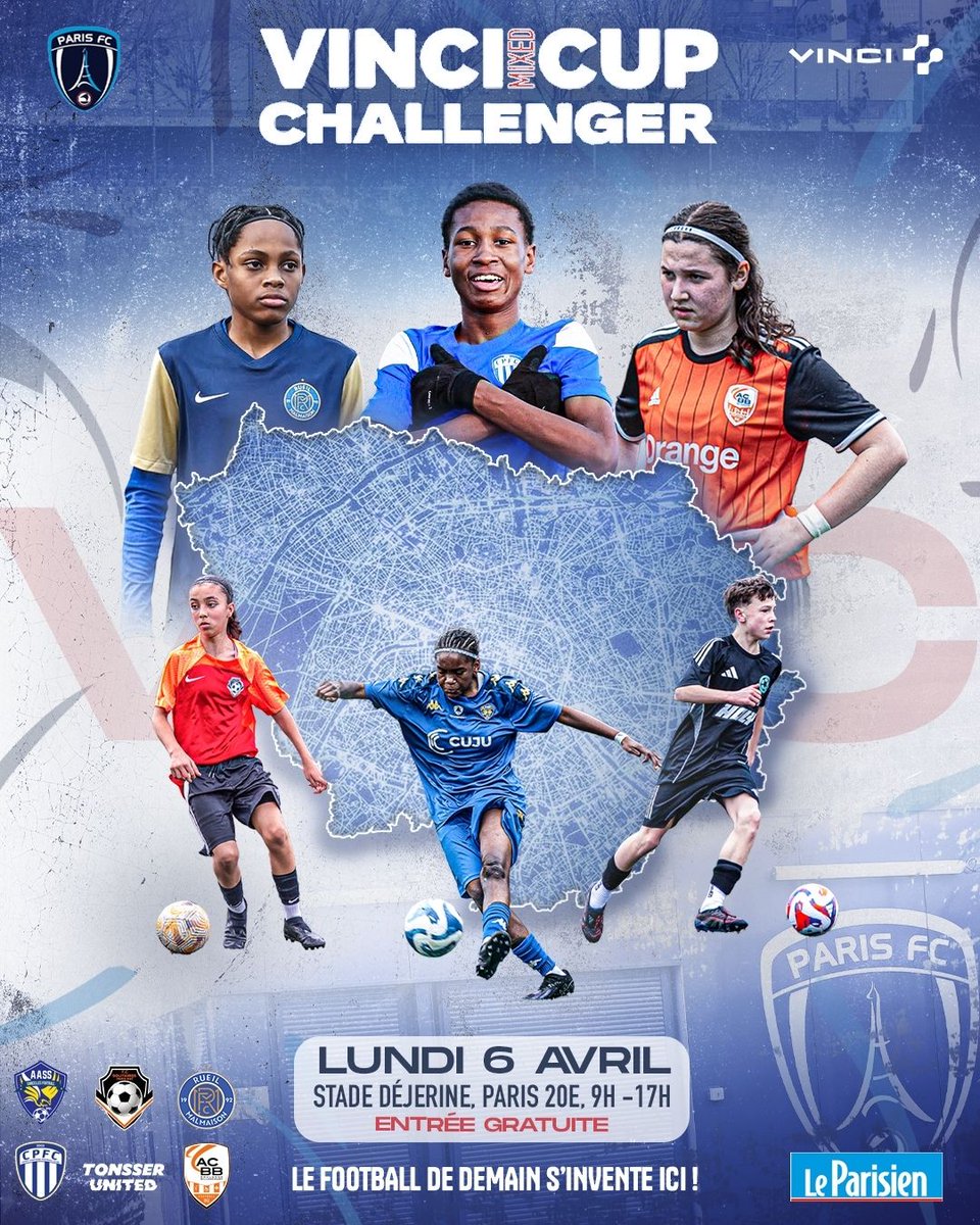 VINCI_Mixed_Cup's tweet image. 🚨 AFFICHE OFFICIELLE DU CHALLENGER
📅 6 avril 2026
 📍 Stade Déjerine
Les meilleurs talents amateurs d’Île-de-France ⚽
1 place qualificative pour la VINCI Mixed Cup
🎟️ Entrée Gratuite
#VINCIMixedCup #Challenger #Tournoi #Paris