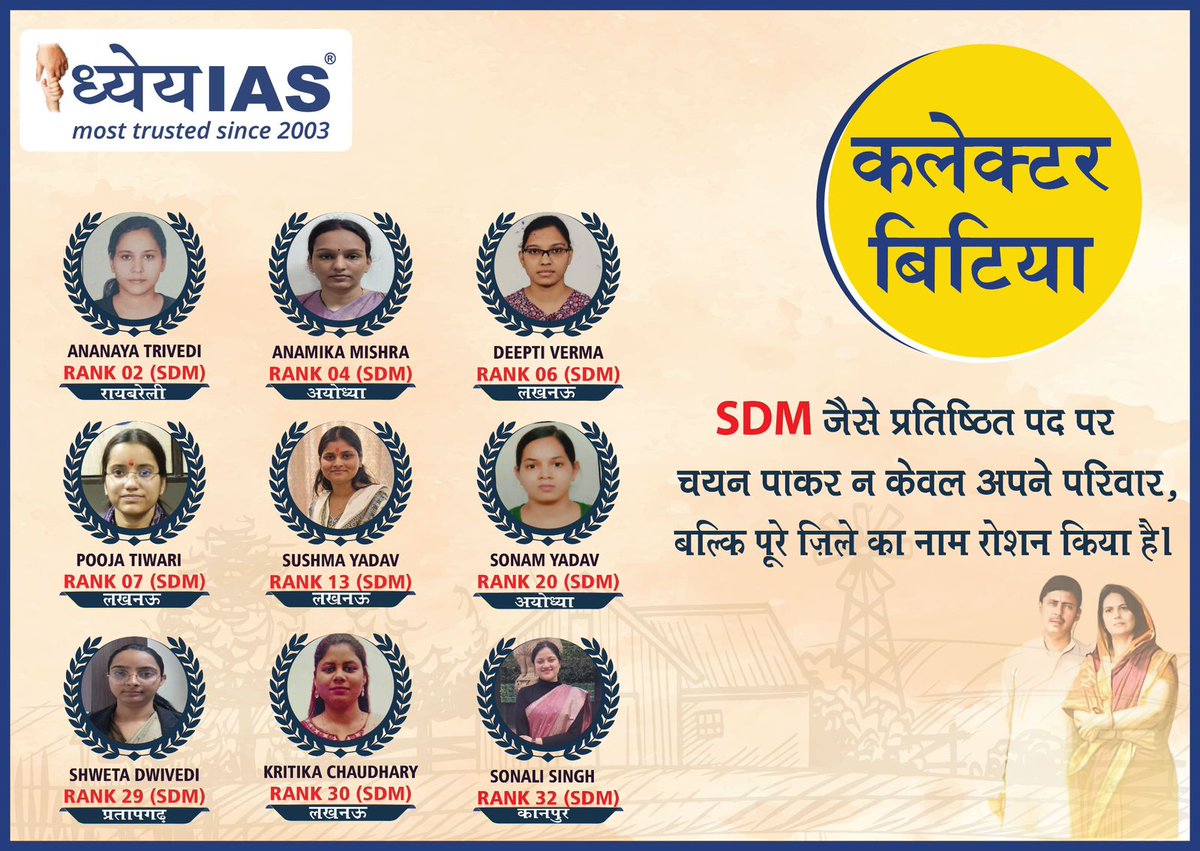 ये सिर्फ चयन नहीं, हर बेटी के सपनों की जीत है
ध्येय IAS की बेटियों ने UPPCS 2024 में शानदार सफलता हासिल कर साबित किया—मेहनत और सही guidance से हर सपना पूरा होता है। 🎯

#CollectorBitiya #SDM #UPPCS2024 #DhyeyaIAS #SuccessStory