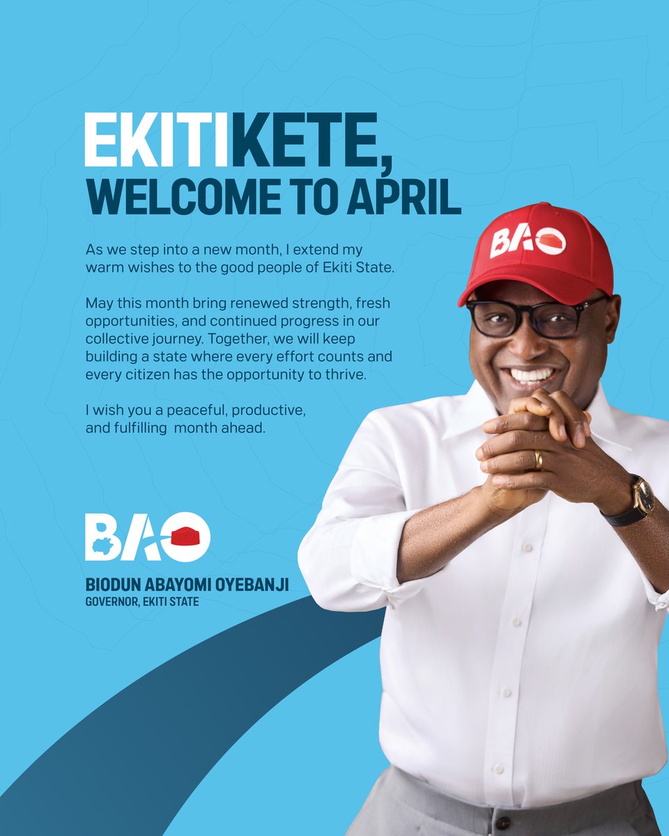 biodunaoyebanji's tweet photo. As we step into a new month, I extend my warm wishes to the good people of Ekiti State.

May this month bring renewed strength, fresh opportunities, and continued progress in our collective journey. Together, we will keep building a state where every effort counts and every citizen has the opportunity to thrive.

I wish you a peaceful, productive, and fulfilling month ahead.

Happy New Month.