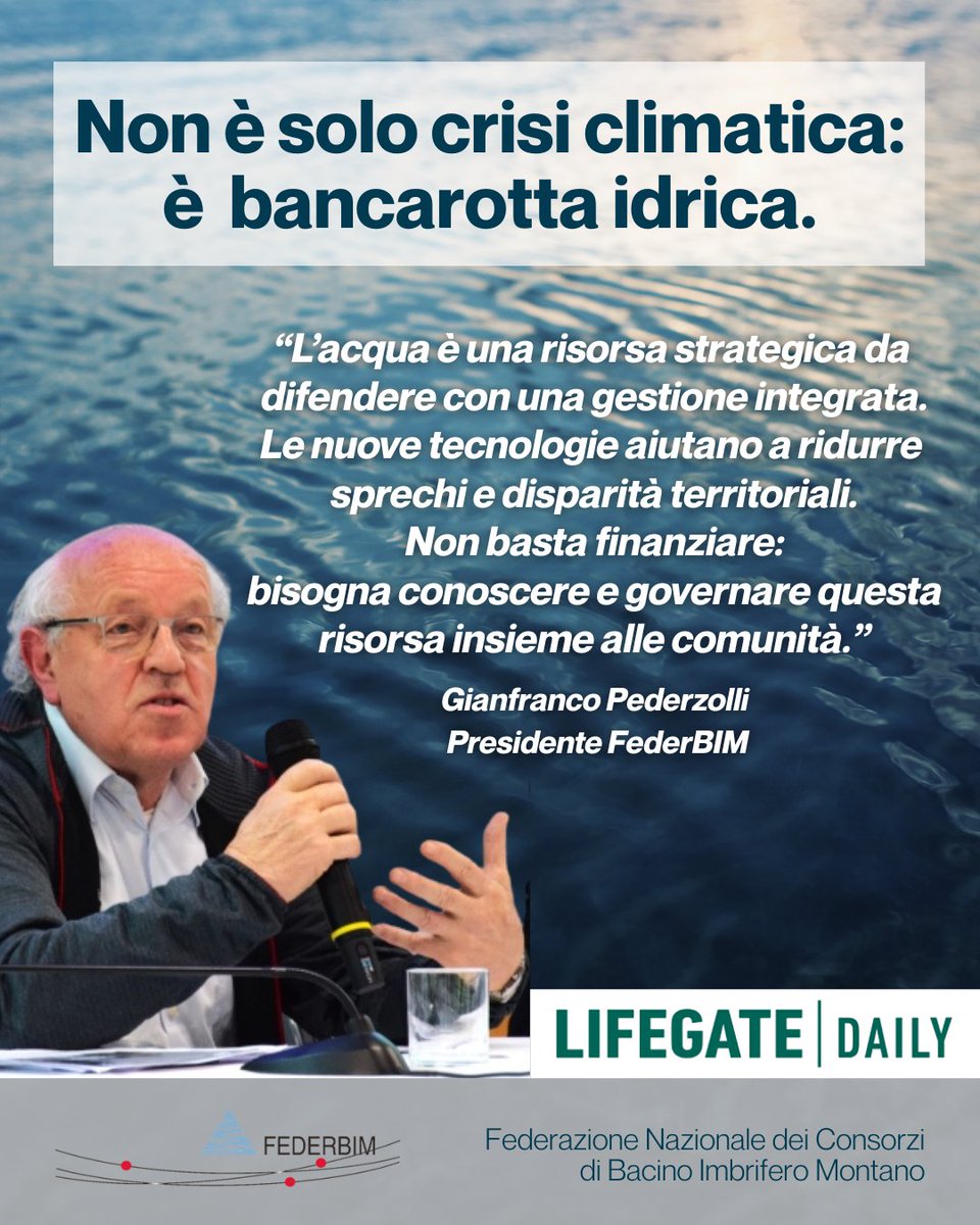 federbim's tweet photo. 💧 Non è crisi climatica: è bancarotta idrica.
In Italia:
🚰 37,9% dell’acqua dispersa
🏚️ Reti obsolete
⚠️ Forti divari territoriali
Servono gestione integrata, tecnologia e visione.
L’acqua non è infinita. Il tempo per agire è adesso.
#Acqua #CrisiIdrica #Sostenibilità https://t.co/S9JW8trCmL