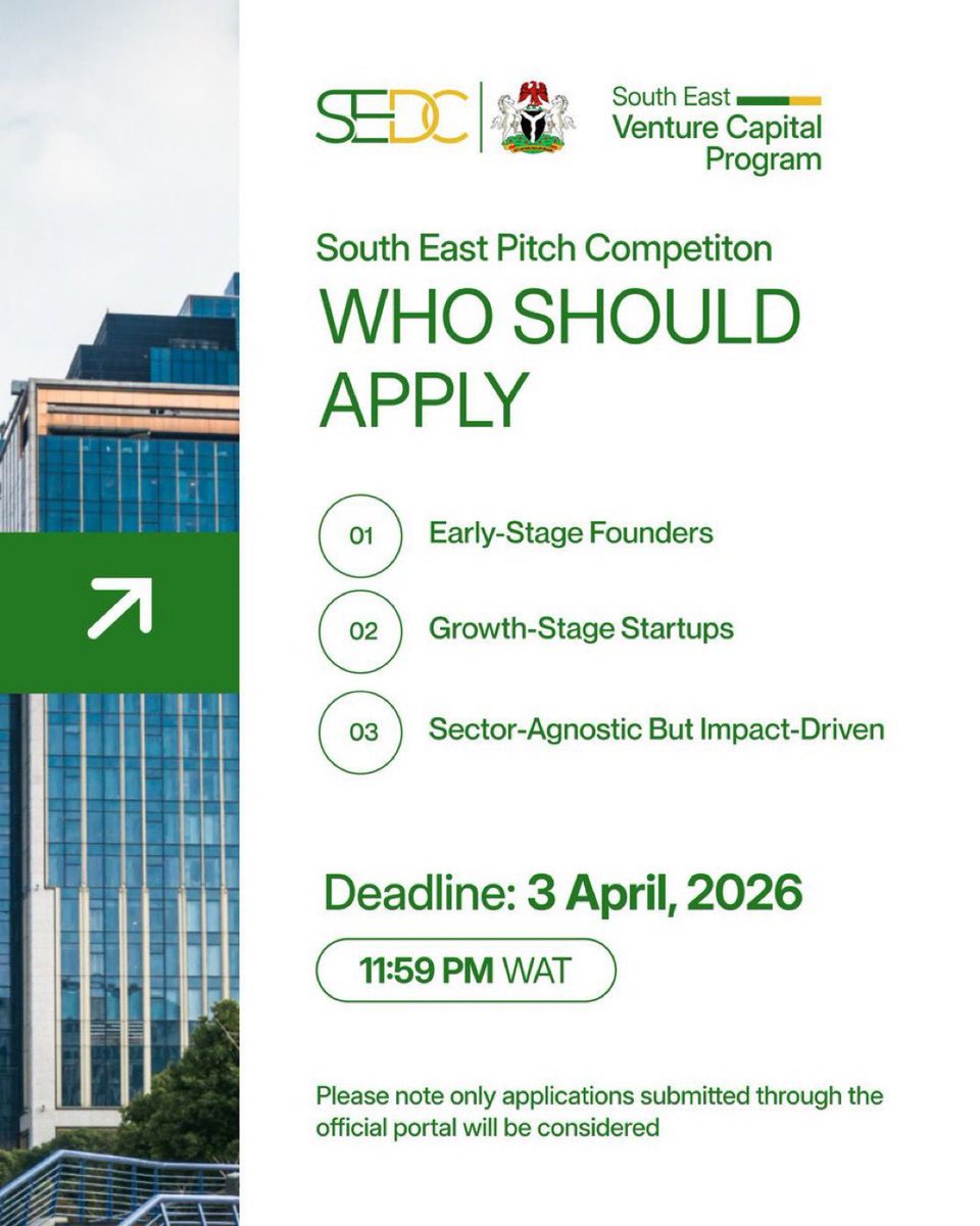 South East founders, here’s a big one.

A funding opportunity of up to ₦70 billion is open to entrepreneurs across Ebonyi, Abia, Anambra, Imo, and Enugu through a regional pitch program.

Got a solid business idea or already running one? This could be your chance.