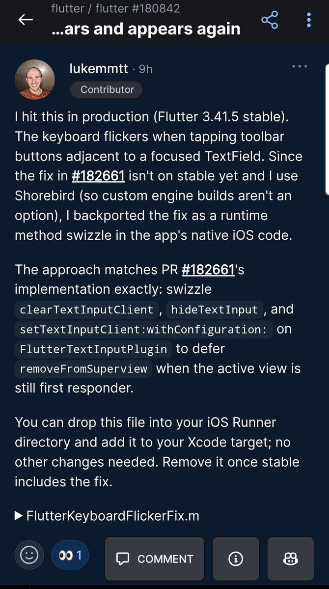 OrestesGaolin's tweet image. What a cool way to use @shorebirddev patch to fix native iOS issue! 
github.com/flutter/flutte… #flutter