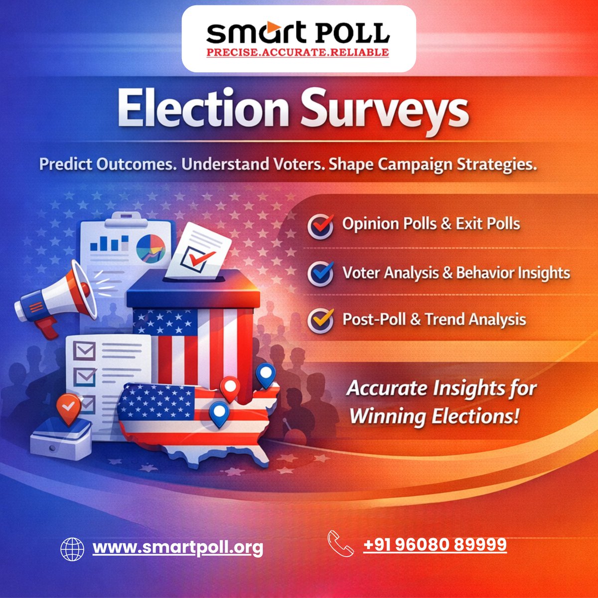 smartpollsurvey's tweet photo. Winning elections requires more than assumptions — it requires accurate data and real voter insights.

At Smart Poll, we help political leaders and organizations understand public opinion through Election Surveys, Opinion Polls, and Voter Behavior Analysis. https://t.co/otqX8ztP0E