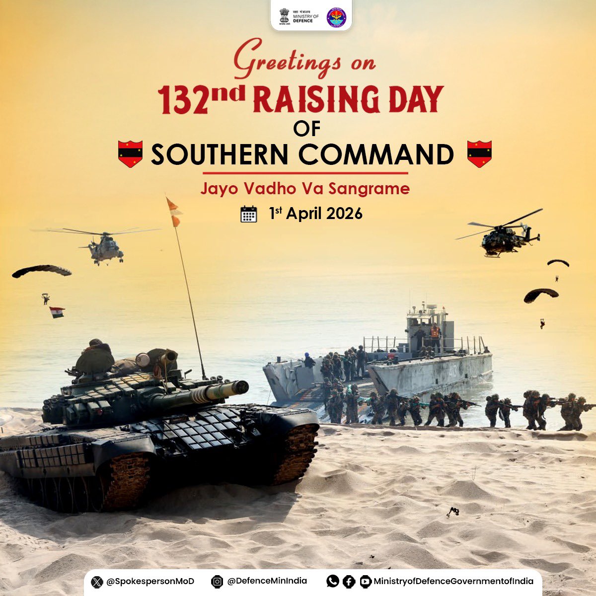 SpokespersonMoD's tweet photo. On the 132nd Raising Day of Southern Command, we celebrate the vast history and glorious tradition of valour, sacrifice and selfless service. With the motto - 'जयो वधो वा संग्रामे', the command has withstood the test of time and reflected its endeavour with commitment to duty, courage and honour.