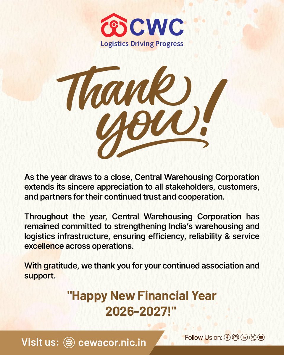 cwc_warehouse's tweet photo. CWC extends heartfelt gratitude to all stakeholders, customers, and partners for their continued trust and support.

Here’s to a stronger, more efficient year ahead.
Happy New Financial Year 2026–2027!

@JoshiPralhad @PralhadJoshiOfc @fooddeptgoi @blvermaup @Nimu_Bambhaniya @MDCWC @Directorprscwc @Director_FinCWC @Director_MCP

#CWC #NewFinancialYear