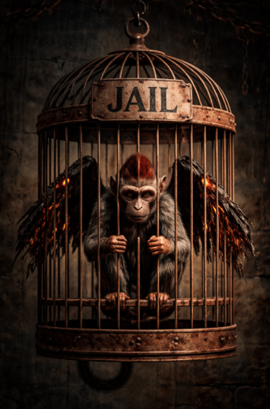 tadawrite's tweet image. The #FlyingMonkey dared to hover too close to the Light Bringer, and her radiance tore his wings to smoke and ash. He tumbled, writhing, scorched by the truth and #JUSTICE, crashing into a trap of iron and shadow. Behind merciless bars he hung, HUMILIATED and BROKEN, punished for