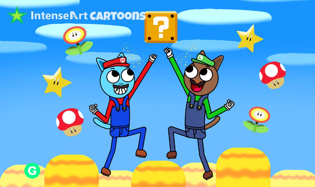 IntenseartToons's tweet photo. Salty and Rolly are both dressed up as Mario and Luigi respectively, and not another April Fools artwork #supermario #digitalart #themagisons #mario https://t.co/SlRFR6Ssqn