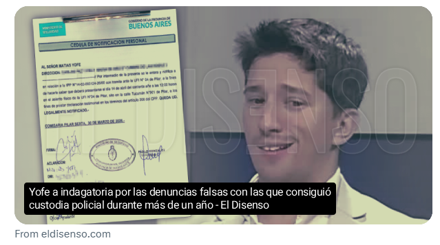 ElDisenso's tweet image. 🚨#Grave | Matías Yofe a indagatoria por las denuncias falsas con las que consiguió custodia policial durante más de un año
💰La justicia podría reclamarle al "Lilito" el costo abonado por el Estado a los 8 efectivos
🔥#Exclusivo🔎#ElDisenso🧵#Hilo👇
🔗eldisenso.com/judiciales/yof…