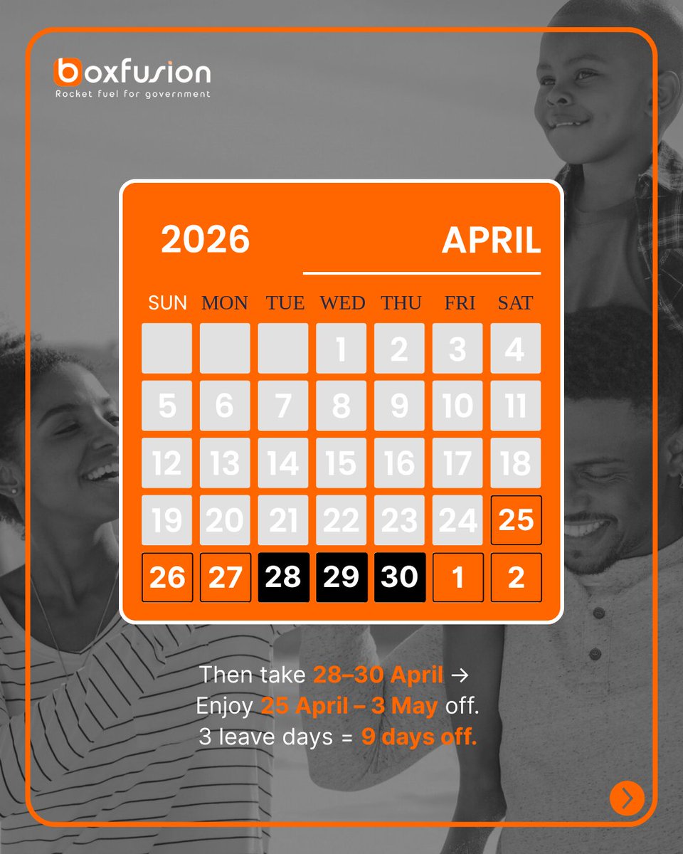 boxfusion_sa's tweet image. This is definitely not an April joke. 

April really is that generous if you plan it properly. A few calculated leave days can unlock nearly three weeks off - save this before someone else does.

#AprilHolidays #SmartPlanning #LeaveDays #TimeOff #WorkLifeBalance #Boxfusion