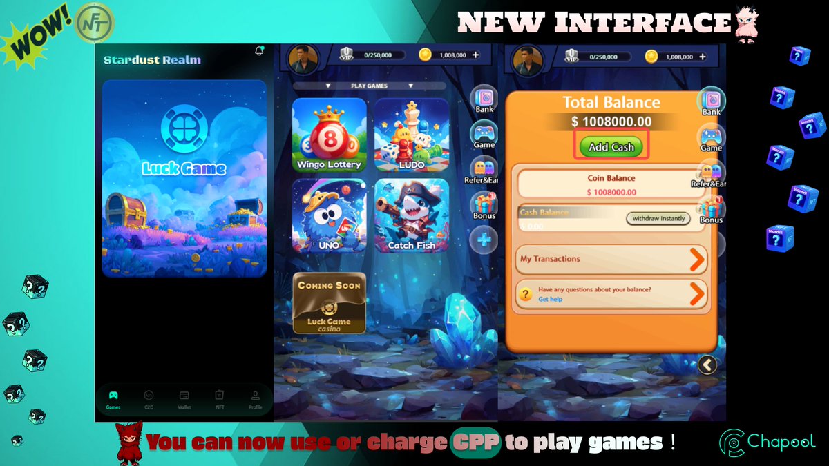 🎮The game has officially launched
You can now use or charge CPP to play games !

🎮게임 정식 론칭
CPP 사용이나 충전으로 게임을 플레이 할 수 있습니다.

🕹游戲正式上綫 
你可以使用或者充值CPP來玩游戲! 

#Chapool #체인풀 #GameFi