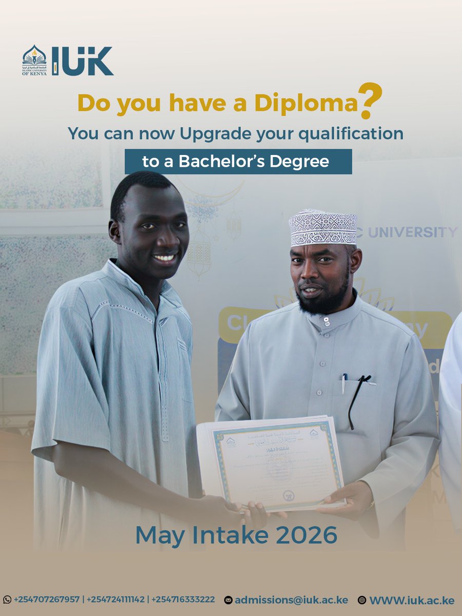 At IUK, we help students increase their employability through globally recognized programs. Choose between:

✅ Business Management
✅ Information Technology
✅ Sharia &amp; Islamic Studies

Reach out via:
📱 Call/WhatsApp: +254 707 267957
📧 Admissions@iuk.ac.ke