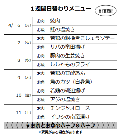 ひだまり亭の日替わりメニュー表お届けします🎶 4月6日～4月11日です📅

今週のおすすめは、10日(金)の若鶏の磯辺揚げ🐔
やわらかな旨みと香ばしさをお楽しみください♪

ご注文お待ちしております😊

#明石 #朝霧 #ひだまり亭 #テイクアウト #ubereats #menu #デリバリー #自家製 #配達 #手作り弁当