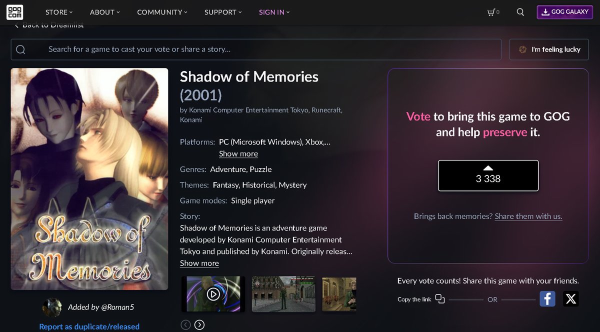 SOMSODWIKI's tweet image. A friendly reminder to support #ShadowofMemories / #ShadowofDestiny on @GOGcom's Dreamlist!
gog.com/dreamlist/game…

@Konami @Konamifans #Konami @KONAMIUK @KonamiGamingInc #PS2 #PSP #Playstation2 #Xbox