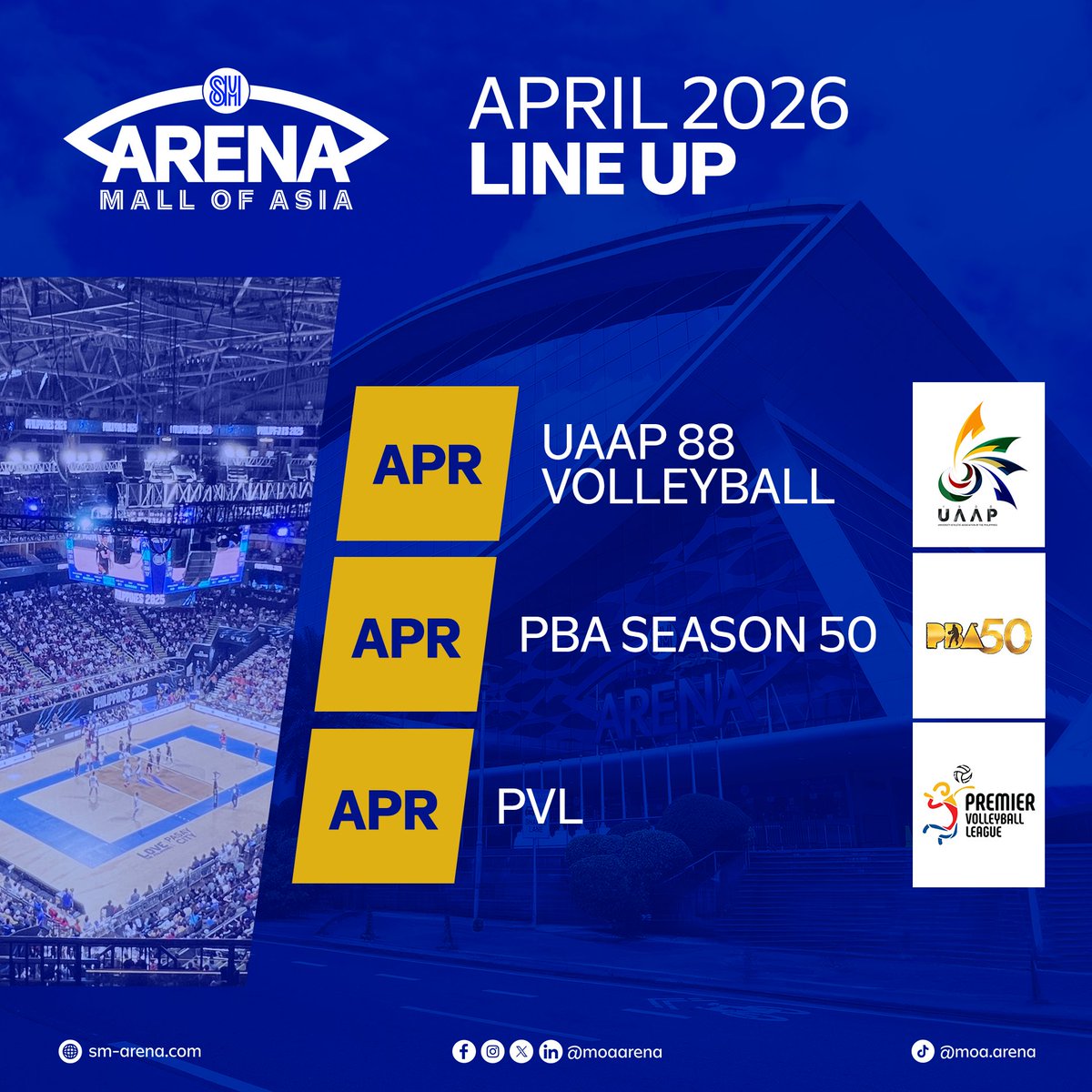 MOAArena's tweet photo. Lock in your spot this April at the SM MOA Arena!
🎫 https://t.co/XG2x7wPbkm and @smtickets outlets nationwide

#April2026AtMOAArena
#ChangingTheGameElevatingEntertainment https://t.co/S2HKrLYRWS