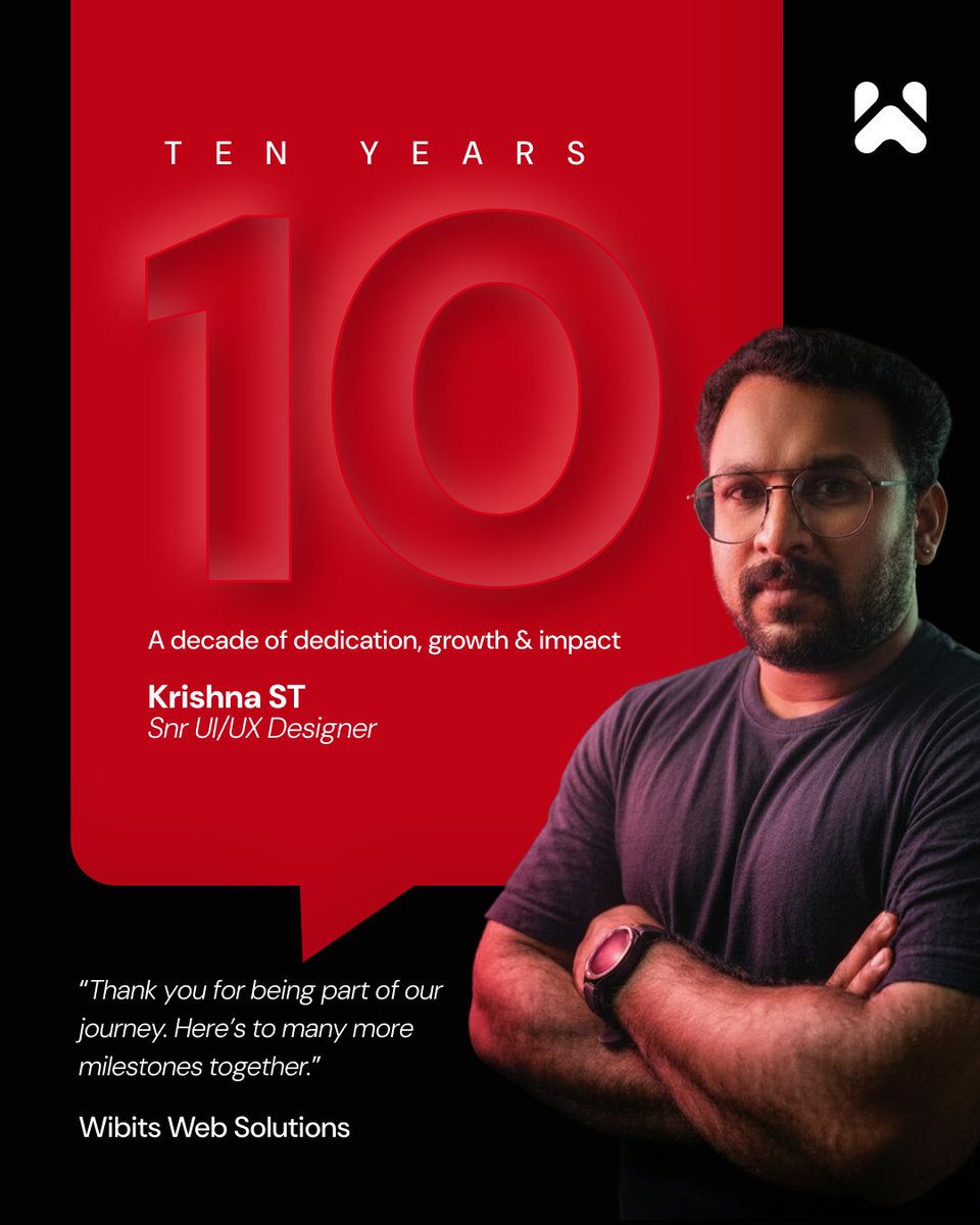 🚀10 Years. One Name. Krishna ST. 🔥 
✨⏲Time flies when you’re doing great work 😄 
What started as a role turned into a remarkable journey 🎯💼 Your journey at Wibits Web Solutions is filled with creativity 🎨
This isn’t just a work anniversary❤❤❤❤ It’s Celebration💝💣🎉