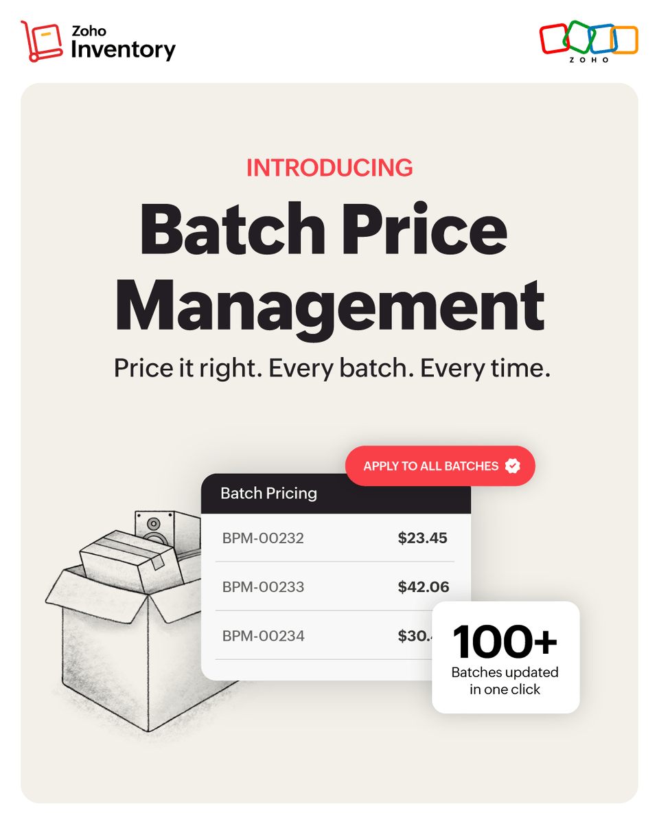 ZohoInventory's tweet photo. Different batch. Different price. Same product. Zoho Inventory's Batch Price Management lets you set batch-level pricing, auto-apply margins &amp; eliminate manual errors.👉 Try it now →https://t.co/MPdrG7oWoa https://t.co/GNUDWh4kO2
