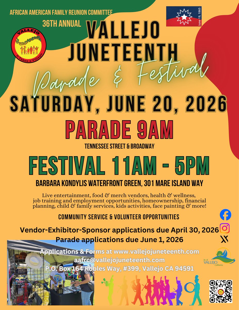 The 36th Annual Vallejo Juneteenth Parade &amp; Festival is coming up soon! Join us Saturday, June 20 and apply now to be a vendor, exhibitor or parade participants. Get details and applications online at vallejojuneteenth.com