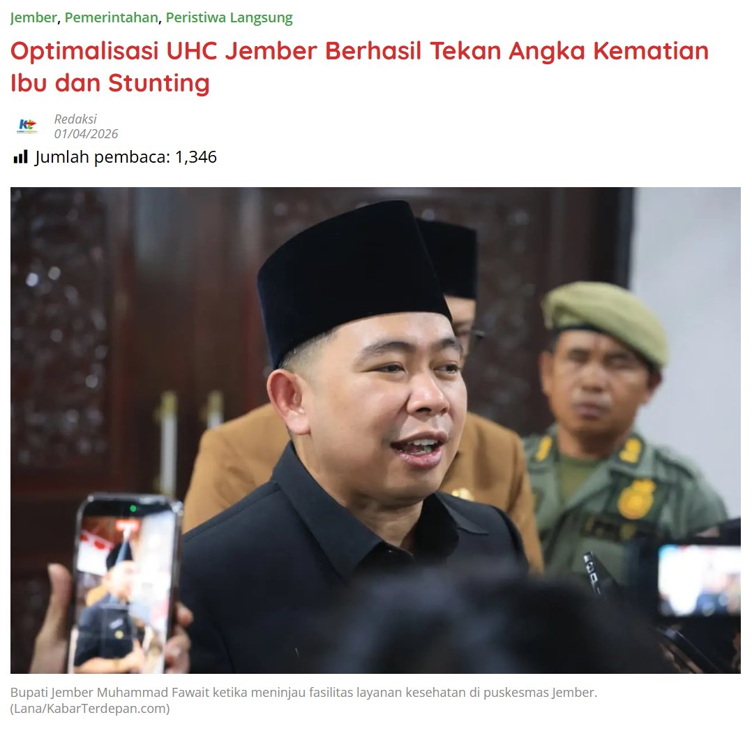 kabarterdepanID's tweet image. Optimalisasi UHC Jember Berhasil Tekan Angka Kematian Ibu dan Stunting

kabarterdepan.com/uhc-jember-tek…

#UHCJember #Kesehatan #Stunting #Jember #KabarTerdepan