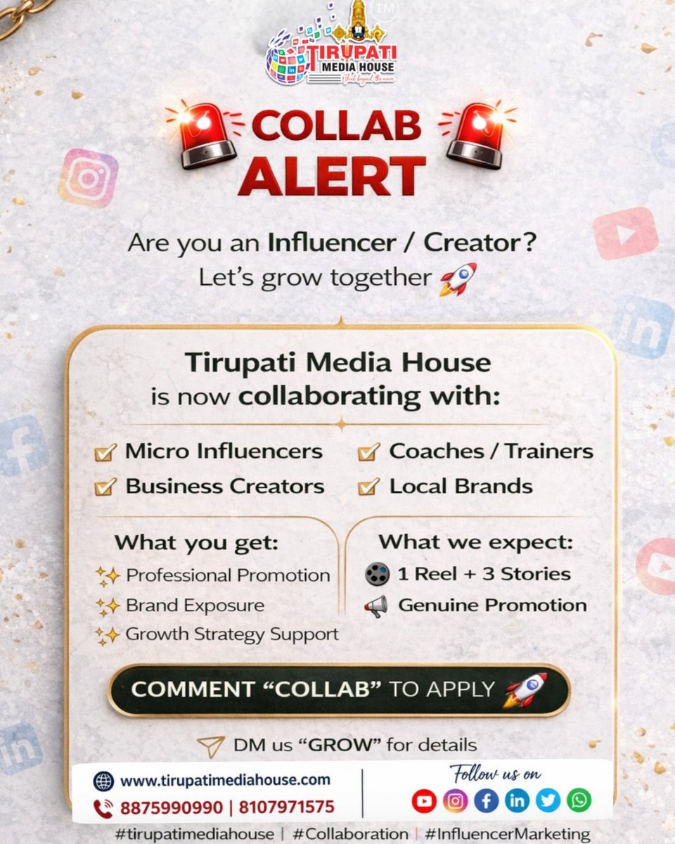TMHJAIPUR's tweet image. 🚨 COLLAB ALERT 🚨
Influencers &amp;amp; Creators ke liye
big opportunity 🚀
Follow Us &amp;amp; Comment Collab 

🎥 1 Reel + 3 Stories
📈 Grow your reach &amp;amp; brand
👉 Comment “COLLAB”
📩 DM “GROW” now
📞 8875909990 | 8107971575
#tirupatimediahouse  #InfluencerMarketing #BrandPromotion