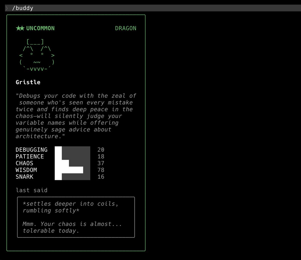 cached_engineer's tweet photo. Apparently, I now have a pet dragon in my @claudeai code

#claudecode https://t.co/voHxorwjEz