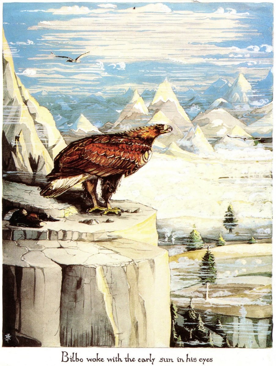 LRonLacy's tweet image. For #APRIL 1973
‘Bilbo woke with the early sun in his eyes’
Watercolor by #JRRTolkien, Aug. 1937, to illustrate the 1st words of *The Hobbit*, Ch. 7 (“Queer Lodgings”). (UK 2nd ed. 1937; US 1st ed. 1938).
Reproduced, *The J.R.R. Tolkien Calendar 1973* (Ballantine Books) for April