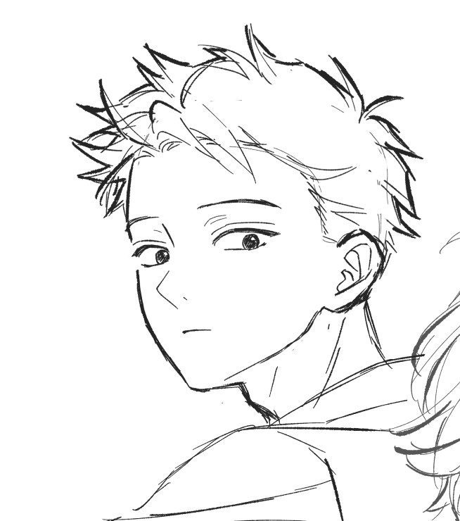 黒髪短髪男子のカラー絵を初めて描くのだけど、
そういえば黒髪短髪ってモノクロ絵しか描いたことなかった。
初手からどう塗ったらいいんか分からん…。
画像はボツになったラフ。