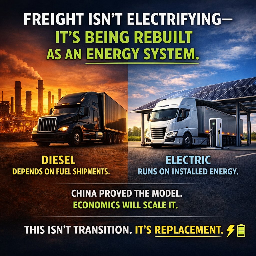 EVCurveFuturist's tweet image. Freight isn’t electrifying—it’s being rebuilt as an energy system.

Diesel depends on fuel shipments. Electric runs on installed energy. China proved the model. Economics will scale it.

This isn’t transition. It’s a total replacement. #Bettrification #EVs
evcurvefuturist.com/2026/03/from-b…