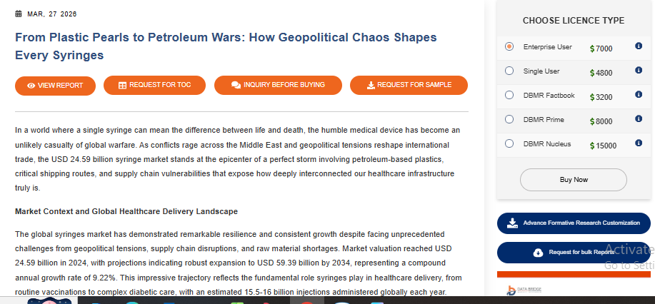 DBMROfficial's tweet image. War-driven disruptions are reshaping #DrugDeliveryTechnology. The #Syringes market is shifting toward prefilled &amp;amp; smart systems amid rising demand.

With #Nucleus by DBMR
Track demand
AI insights
Monitor regulations 
Analyze #pharma trends

Visit.
databridgemarketresearch.com/nucleus.html